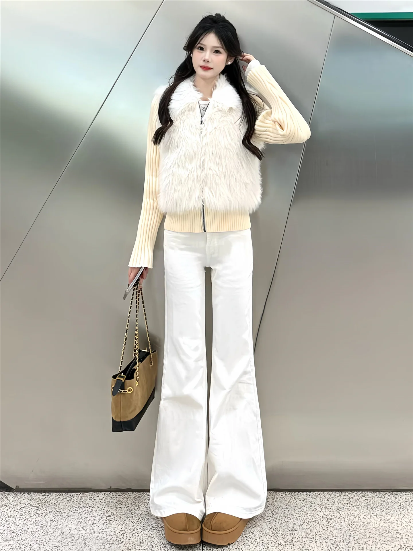 

White Low-Waist Flared Jeans Women Winter Fleece-Lined Thickened Loose Non-Matching American Vintage Floor-Length Pants