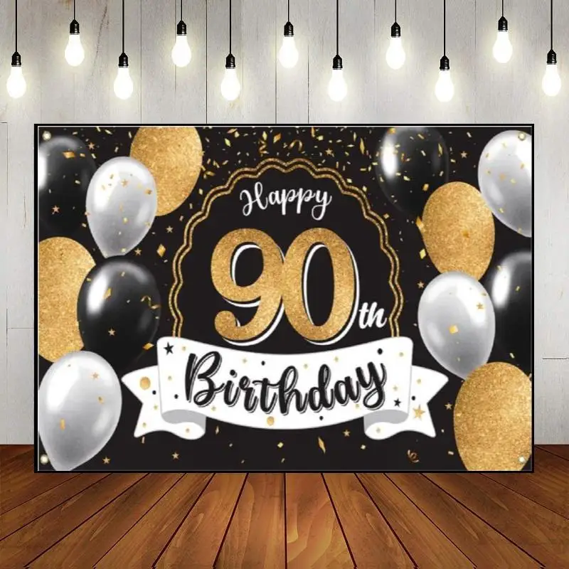 

Happy 90th Birthday Party Backdrop Background Photography Wall Custom 90years Decoration Banner Man Woman Balloon Photo Golden