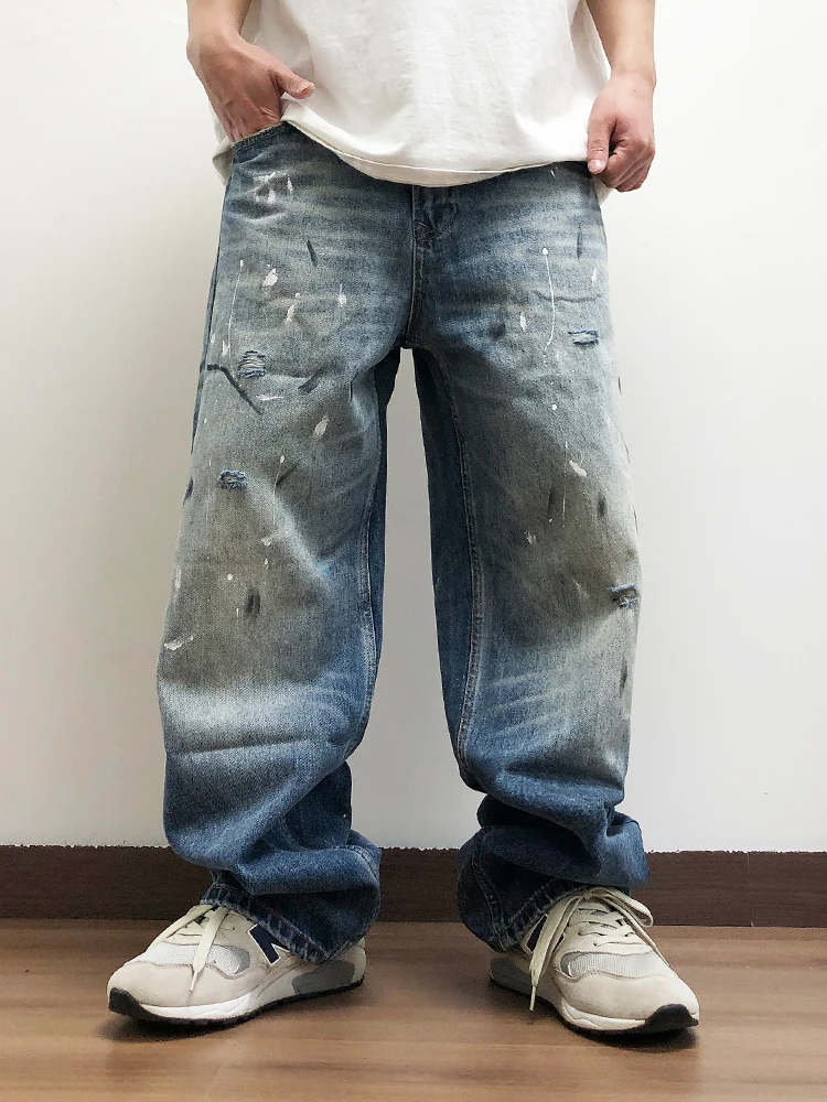 

Retro American Waed Denim Jeans Casual Loose Straight Leg Design Spattered Ink Hole Punching Cotton Polyester Blend Jeans