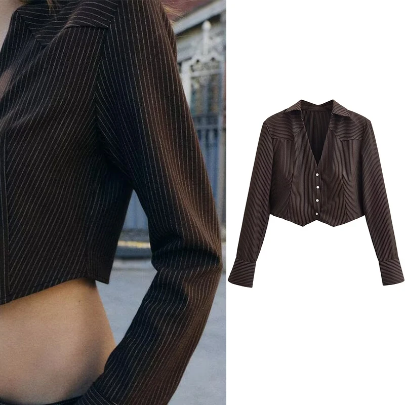 

Women's Jacket 2025 New Fashion Spring Short Striped Shoulder-Padded Shirt Jacket Casual Chic Women Shirt Top