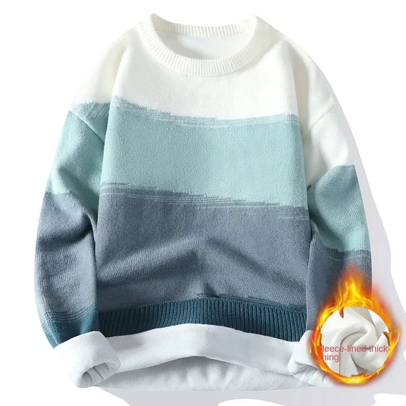 

Men's Sweater Fall Winter Plus Fleece Thickened Bottom Knitwear Youth Student Winter Warm Trend Line Clothing Home Wear Pajamas