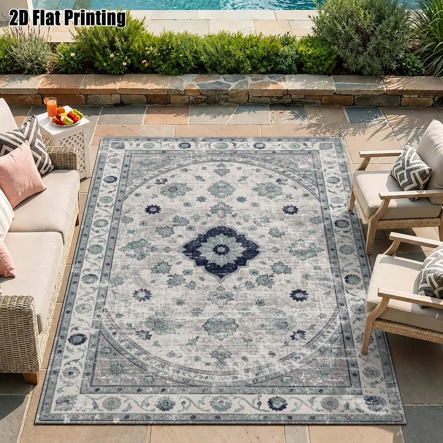 1Pc 2D Printed Carpet with Blue-Gray Retro Floral Pattern, European-Style Home Decor Rug, Multi-Size, Machine Washable, for Entryway, Dining Room, Foyer, Study, Living Room, Bedroom