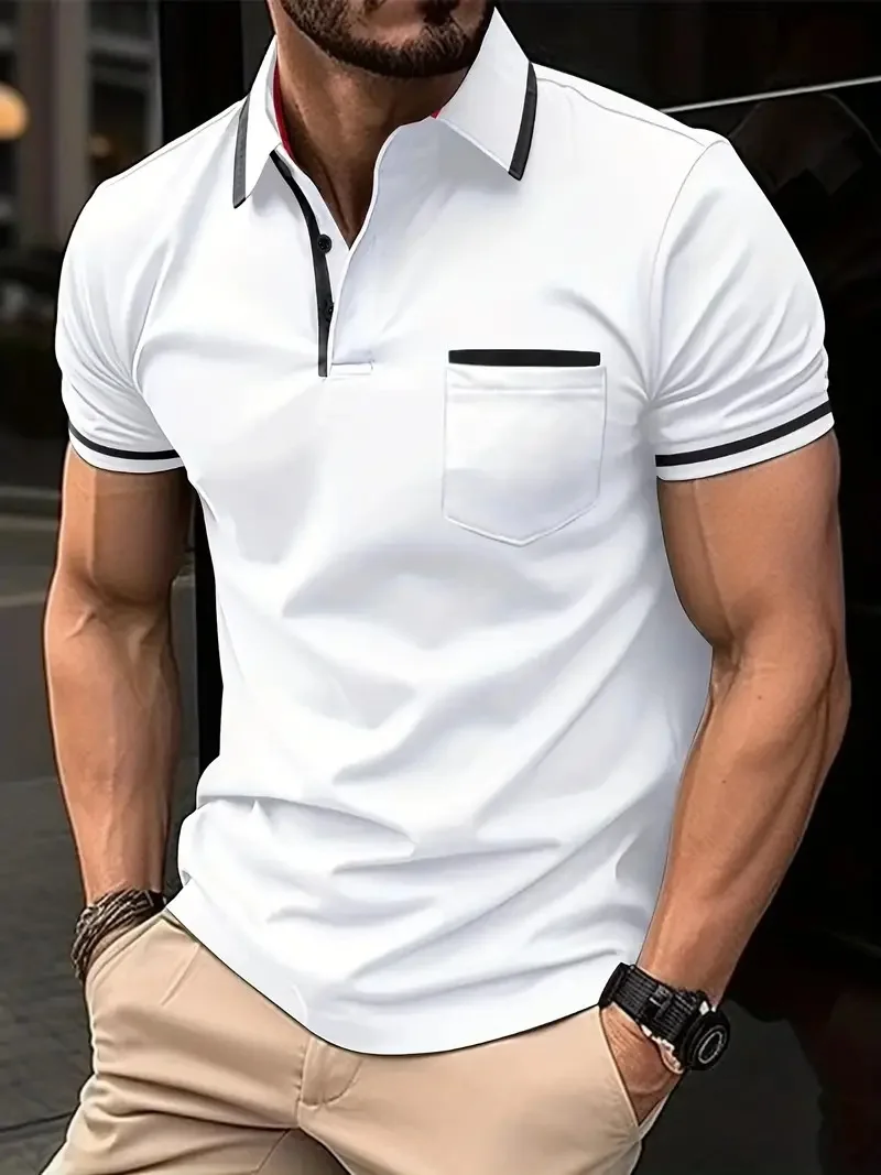 

Men's polo shirt Spring and autumn quick dry breathable stitching short sleeve T-shirt casual loose white fashion men's wear