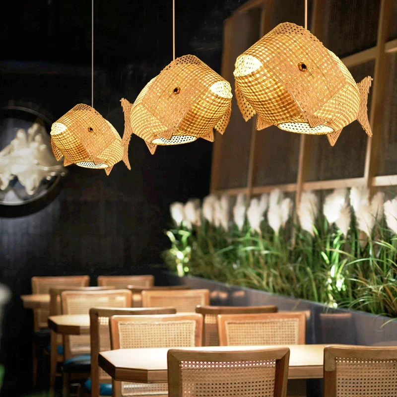 Nordic Modern Pendant Lights Creative Fish Art Bamboo Light Fixture LED Living Room Decor Hanging Lamps Kitchen Restaurant Light