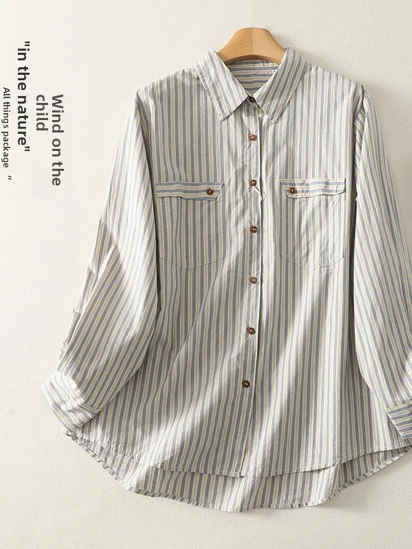 

Spring 2026 Loose Fit Long Sve Collar irt Double ket Casual Open Cardigan plus Size Women's Clothing Striped Pat...