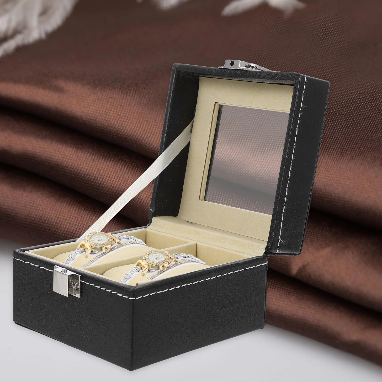 

2 Grids Watch Box PU Black Transparent Lid Lockable Jewelry Display Organizer Storage Case for Watches and Smartwatch