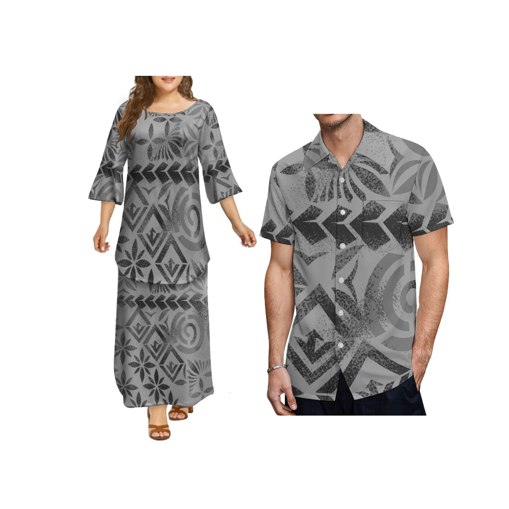 

Cozy Hawaii Trumpet Sleeve Puletasi Two Piece Dress Polynesian Tribal Sublimation Print Pattern Maxi Dress