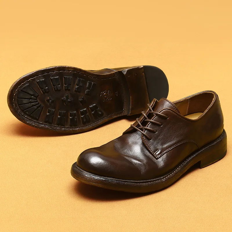 New Vintage Brown Black Lace Up Casual Dress Shoes Men Genuine Leather Comfortable Fashion Round Head Formal Derby Shoes