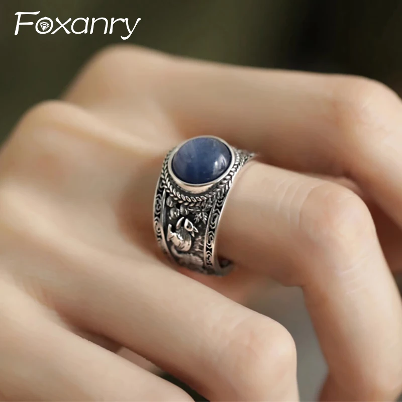 Foxanry Blue zircone Animal Flower Pattern Ring per le donne Vintage elegante Trendy Creative Personality Party Jewelry accessori