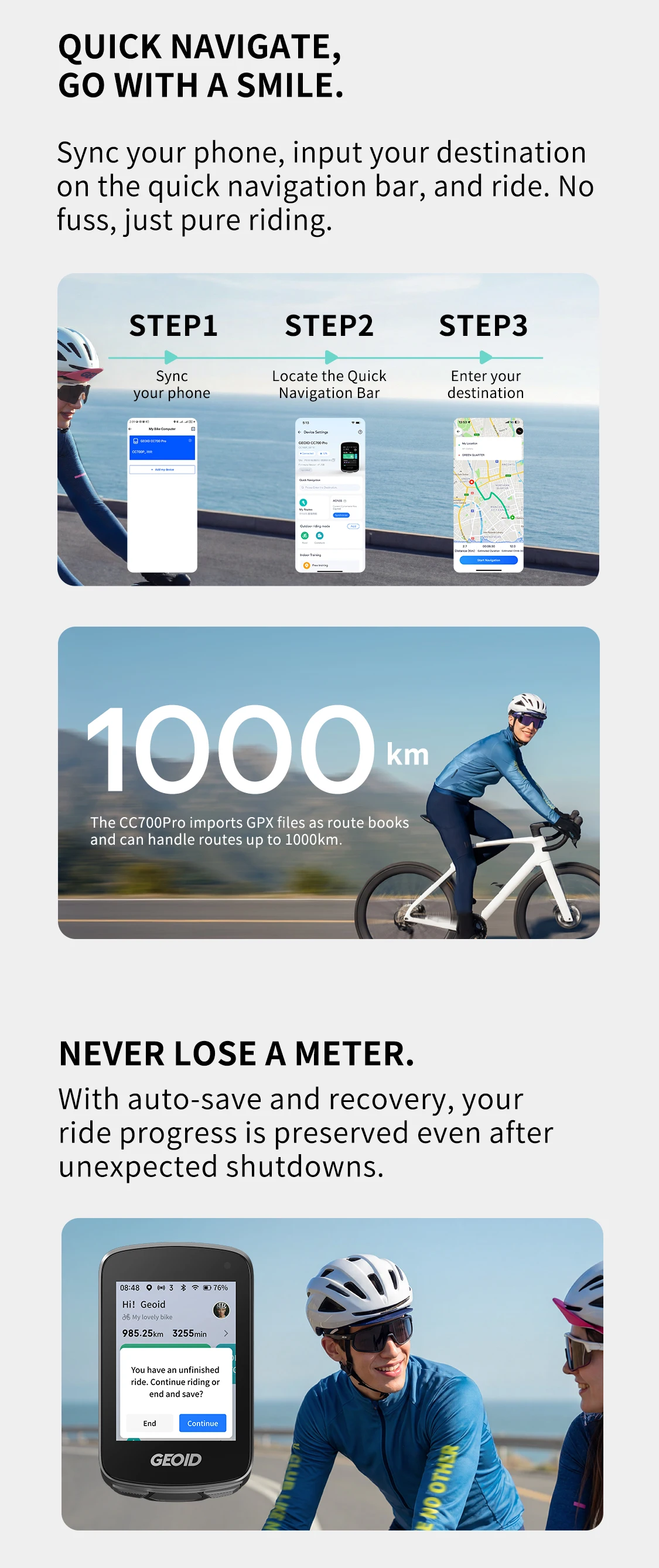 GEOID CC700 Pro GPS-Fahrradcomputer mit globaler Kartennavigation, 2,8-Zoll-Touchscreen, Fahrrad-Kilometerzähler, kabelloser ANT+-Fahrrad-Tachometer – Detail 6