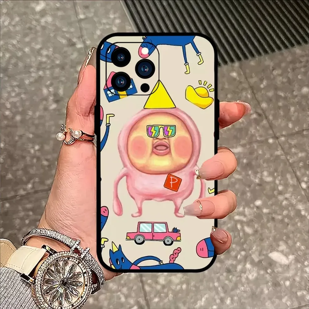 Cute Cartoon Kobito Peach Phone Case For iPhone Mini 11 12 13 14 15 Pro XS Max X Plus SE XR Black Soft Shell