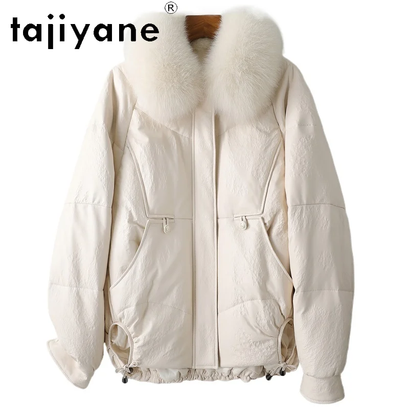 TAJIYANE 100% جلد الغنم أوزة أسفل معطف قصير الجلد الحقيقي سترة منفوخة النساء مع الثعلب الفراء طوق الملابس الشتوية 2025 doblianка