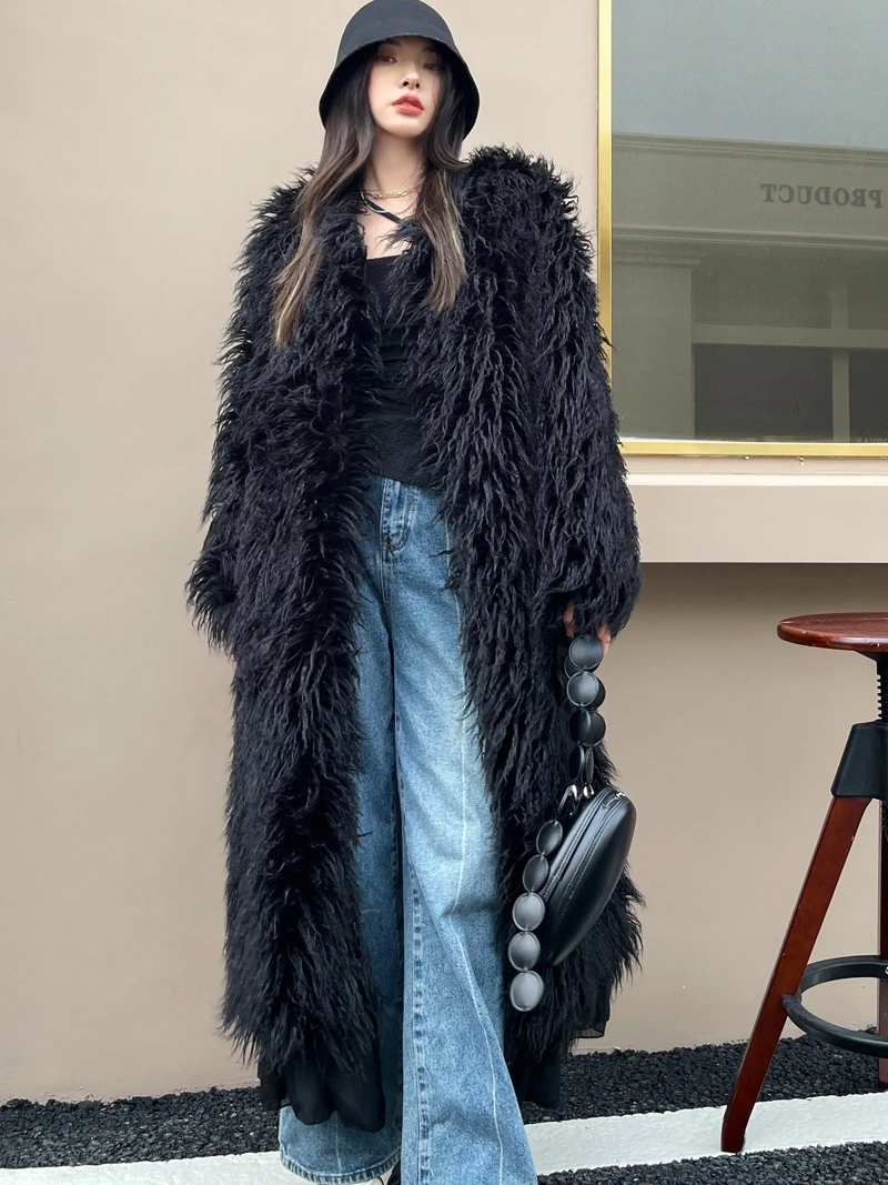 Female Fashion Black Faux Fur Coat Peplum Hem Long Jacket Lady Shaggy Outerwear Women\'s Winter Clothing Promotion