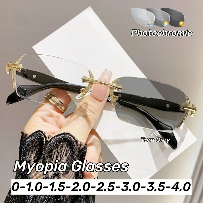 

Rimless Photochromic Myopia Glasses Ultra-light Metal Frame Luxury Brand Women's Grade Glasses Minus Diopter Eyeglasses