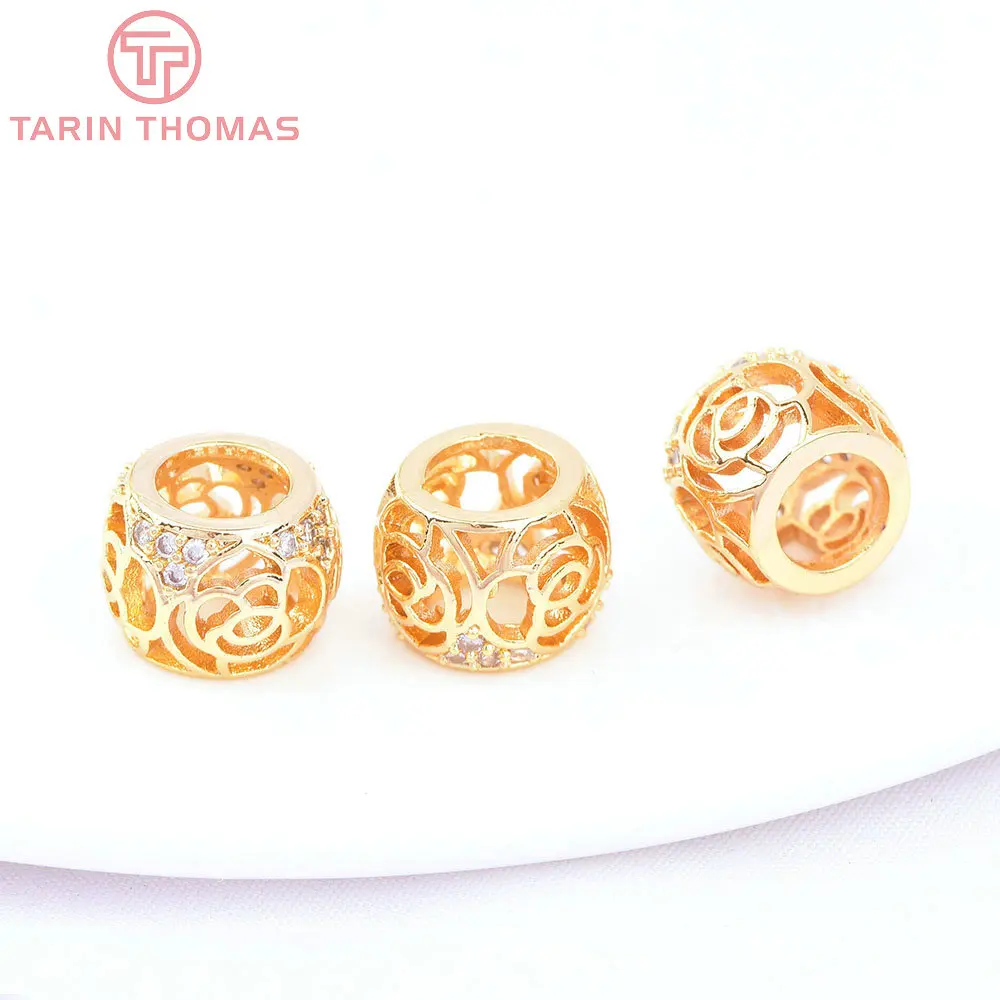 

(7160) 6PCS 10MM 24K Gold Color Brass with Zircon Hollow Out Rose Large Hole Spacer Beads Jewelry Making Findings Accessories