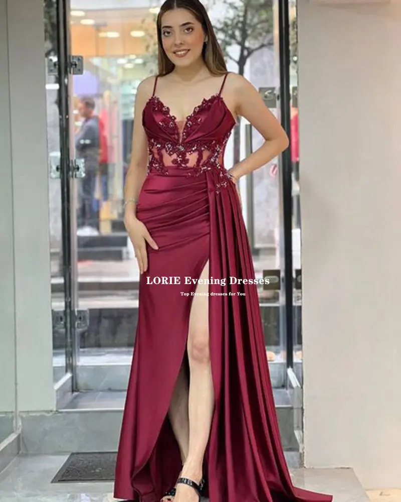 LORIE Deep Fuchsia Saudi Arabic Mermaid Evening Dresses Spaghetti Straps Women Prom Gowns Formal High Slit Event Party Dress