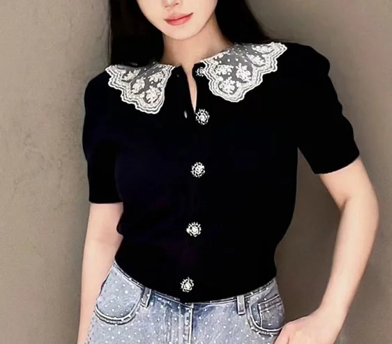 Women\'s Black Lace Short Sleeve Knitted Sweater Office Ladies Elegant Single Breasted Top