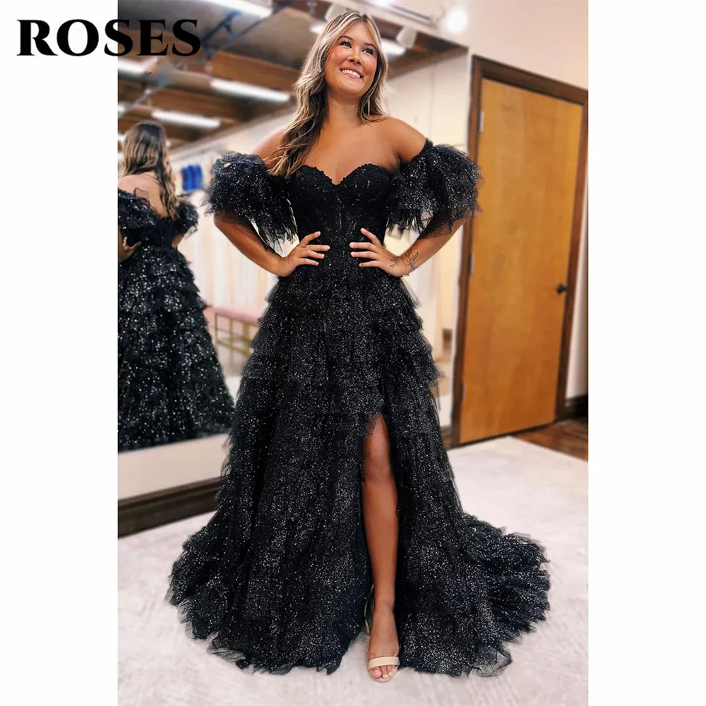 ROSES Black Prom Dress Princess Sweetheart Glitte A-Line Evening Dress Detachable Sleeves Party Dress With Appliques Lace 프롬드레스