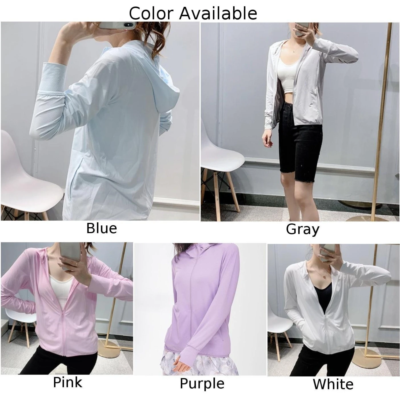여성용 UPF50+ 자외선 차단 후드 아이스 실크 탑 - 보라색, 파란색, 흰색, 분홍색, 회색의 캐주얼 긴팔 UV 셔츠