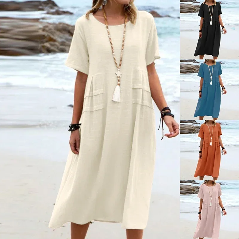 Women\'s Summer Cotton and Linen Dress Solid Color Short Sleeve Round Neck Pocket Casual Loose Dress Seaside Holiday Beach Skirt