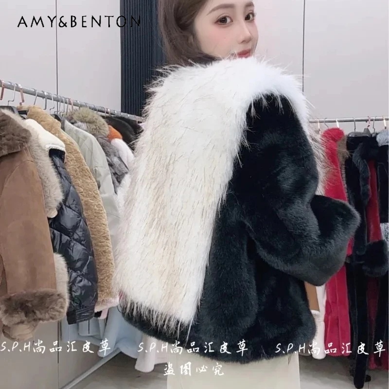

Fake 2-Piece Shawl Furry Jacket Winter New Y2k Short Stylish O-Neck Thickened Fluffy Slimming Coat Long-sleeves Casual Faux Fur