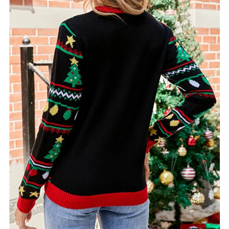 Women Sequins Christmas Tree Jacquard Party Knitted Sweater 2023 Autumn Winter Casual Round Neck Long Sleeve Loose Pullover Tops