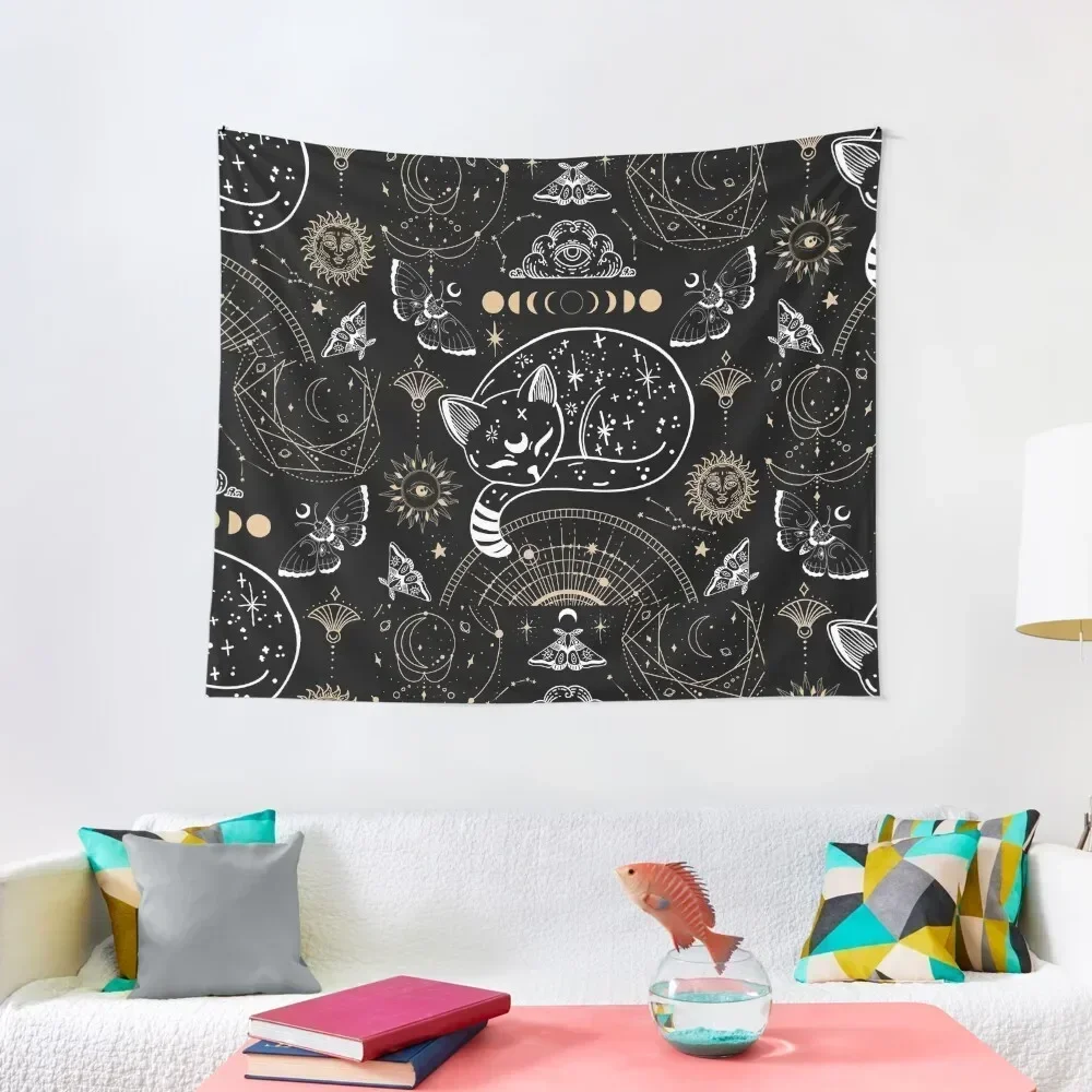 

Cat Luna Moth Moon Phases Dark Academia Aesthetic Occult Goth - Wicca Graphic Illustration - Night Sky Sleeping Kitten Tapestry