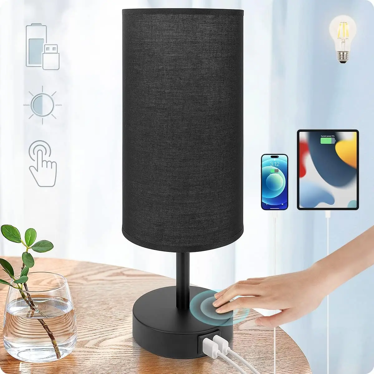 

Touch Control Table Lamp with USB Port, 3-Way Dimmable Nightstand Light for Bedroom, Living Room, Dorm, Office (LED Bulb Included)