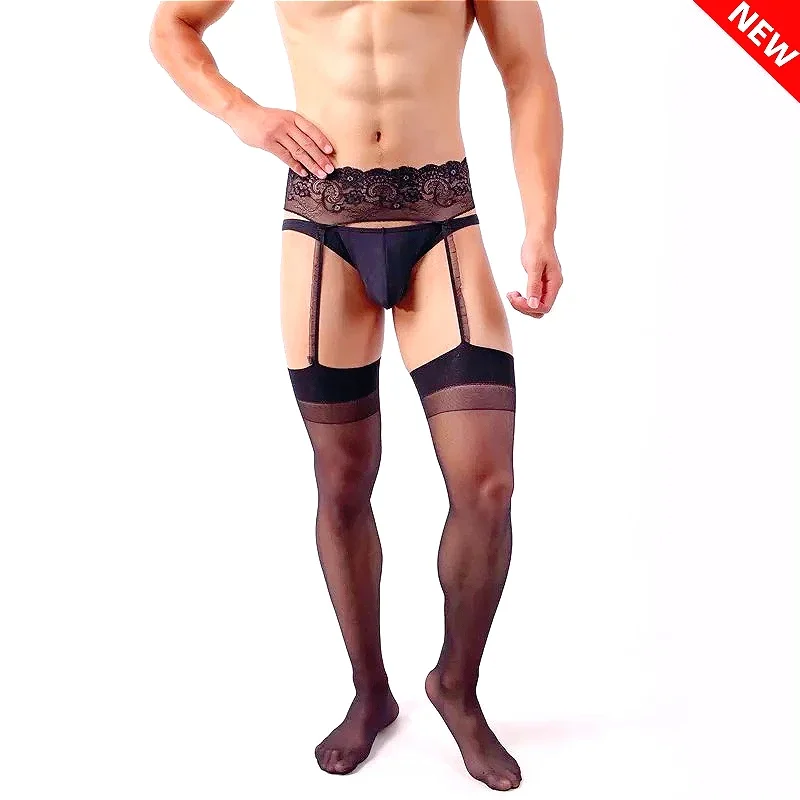 Mans Pantyhose Lace Embroidery High Waist Gay Underwear for Man Lingerie Sexy Adult Open Crotch Stockings Mens Tights Male Gifts
