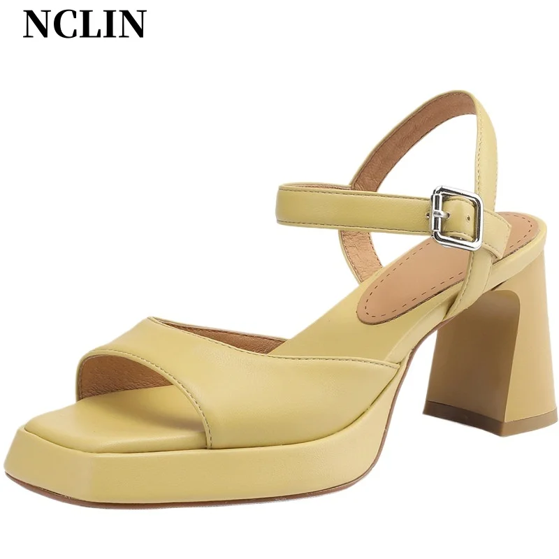 

NCLIN Elegant Women Sandals Ankle Strap Platforms Shoes Woman Genuine Leather Thick High Heels Summer Office Lady Party Pumps