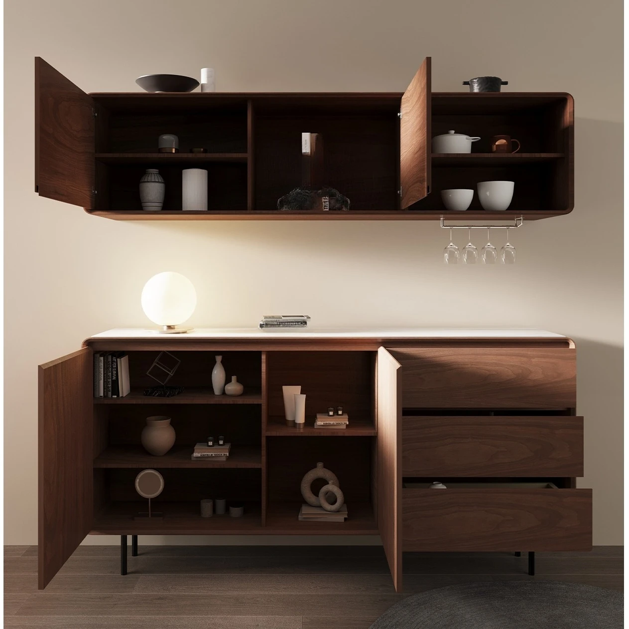 Cassettiera credenza in mogano, piano in marmo dal design moderno in legno