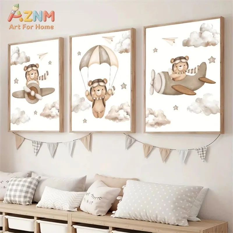 3pcs Cute Pilot Bear Airplane Parachute Canvas Wall Art No Frame Poster Print Cloud Star Neutral Baby Nursery Kids Painting