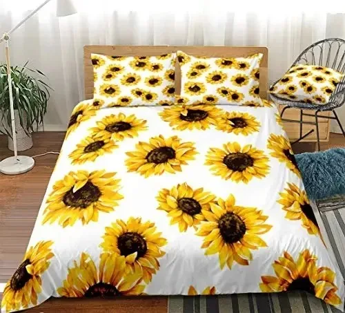 

Yellow Flower Duvet Cover Set Sunflower Bedclothes Sunflower Fields with Sunset Printed Botanical Flowers Polyester Bedding Set