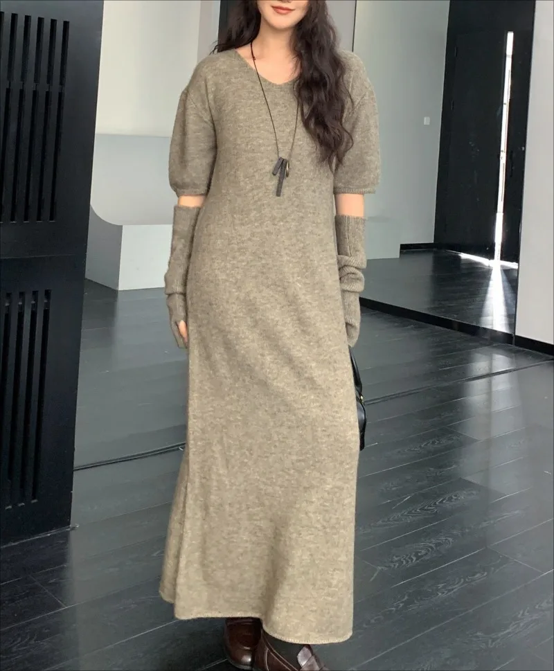 

Skinny High Waist Solid O-neck Short Sleeve Knitted Sweater Dresses for Spring and Autumn Women's Dress New Korean Woman's Dress