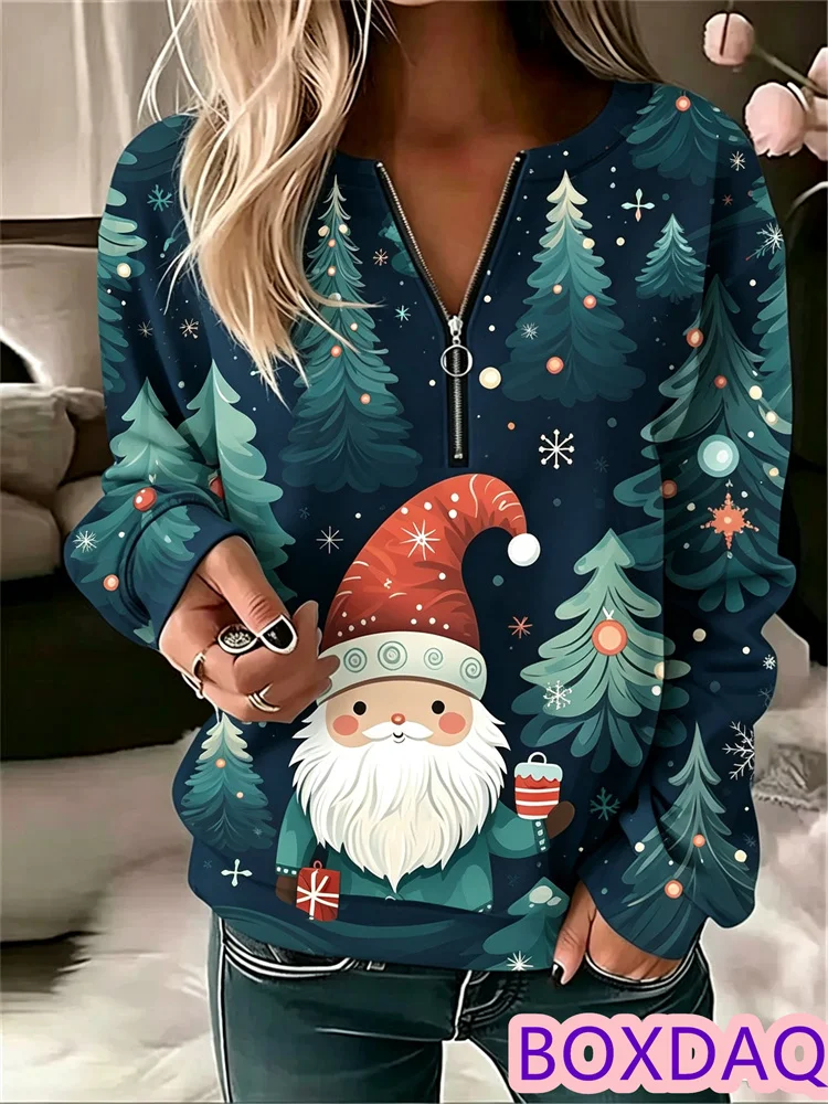 Autumn Winter Womens Sweatshirt Pullover Tops Loose Zipper V-neck Christmas Tree Santa Claus Print Long Sleeve Casual Sweatshirt