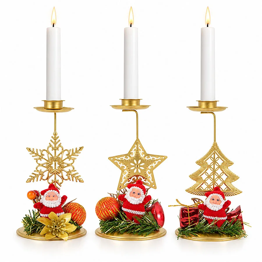 Christmas Santa Claus Candlestick Star Xmas Tree Elk Snowflake Metal Candle Holder For Home Desktop Ornament Navidad Gifts