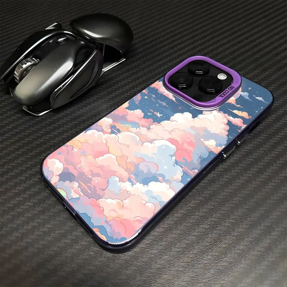 حافظة هاتف Cute Clouds Moon لهاتف iPhone 16,15,14,13,12,11,Mini,Pro,MAX غطاء مقاوم للصدمات باللون الأرجواني غير اللامع