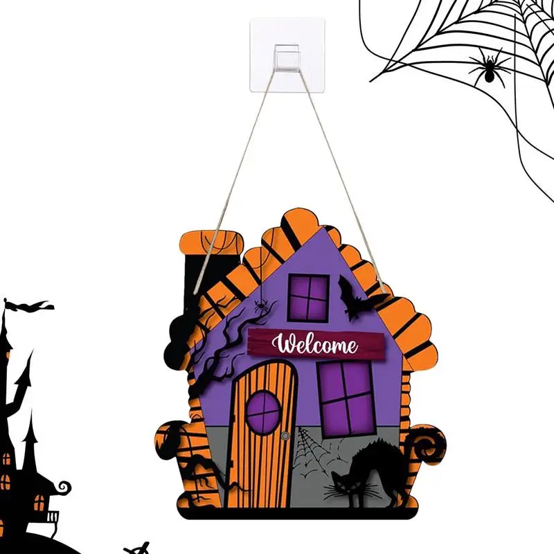 Halloween Hanging Door Wall Decor Wooden Plaque Happy Halloween Sign Haunted House Pattern