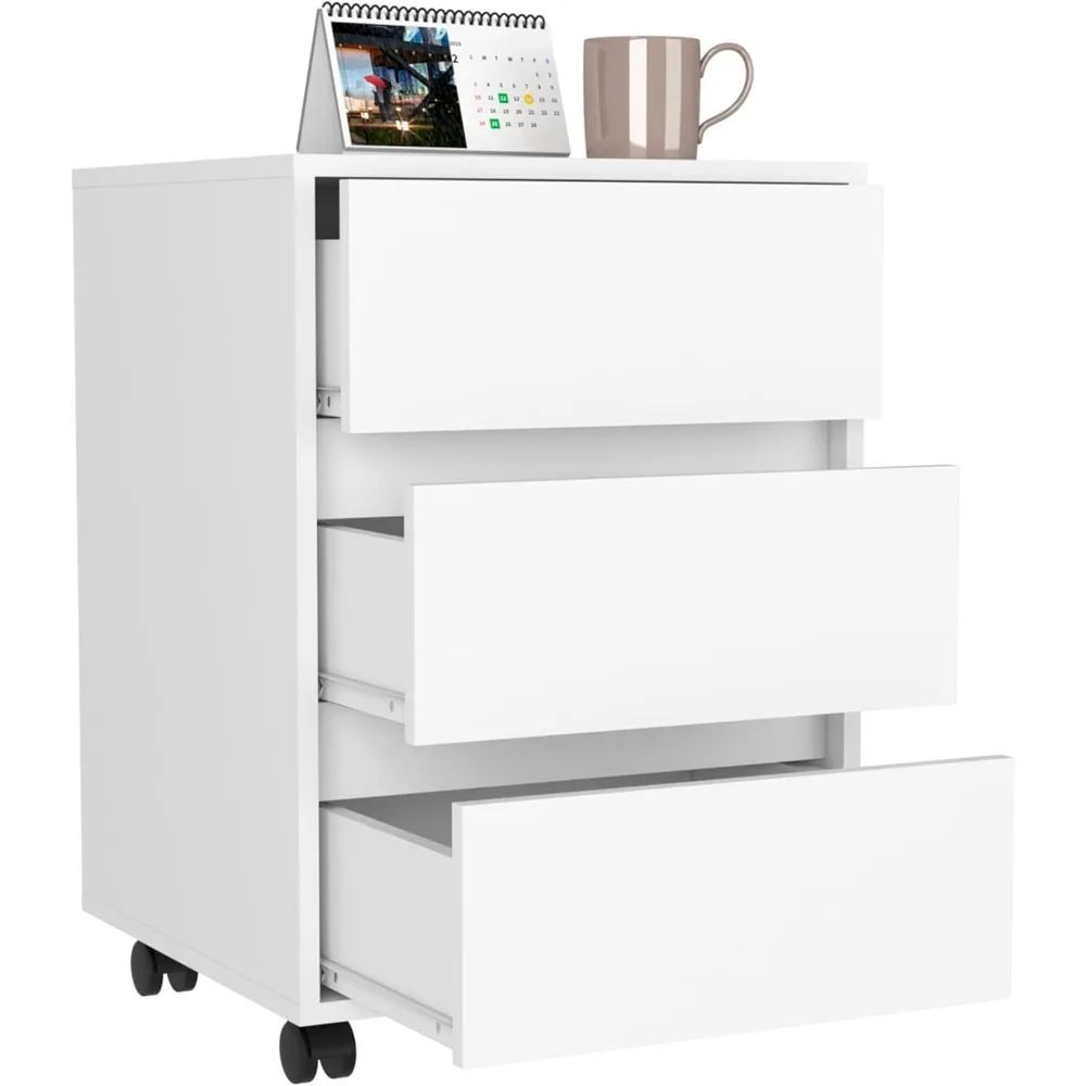 خزانة ملفات حديثة ذات 3 أدراج لتنظيم المكاتب مع عجلات قفل، ارتفاع 25.8، أبيض، مثالية لتخزين مساحة العمل الفعالة
