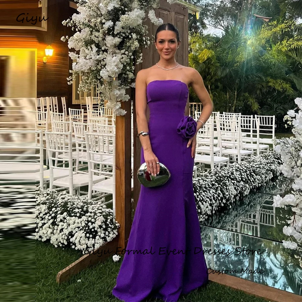 Giyu Grape Purple Long Evening Dresses Dubai Arabic Women Strapless Flowers Long Wedding Party Dress Formal Occasion Gowns