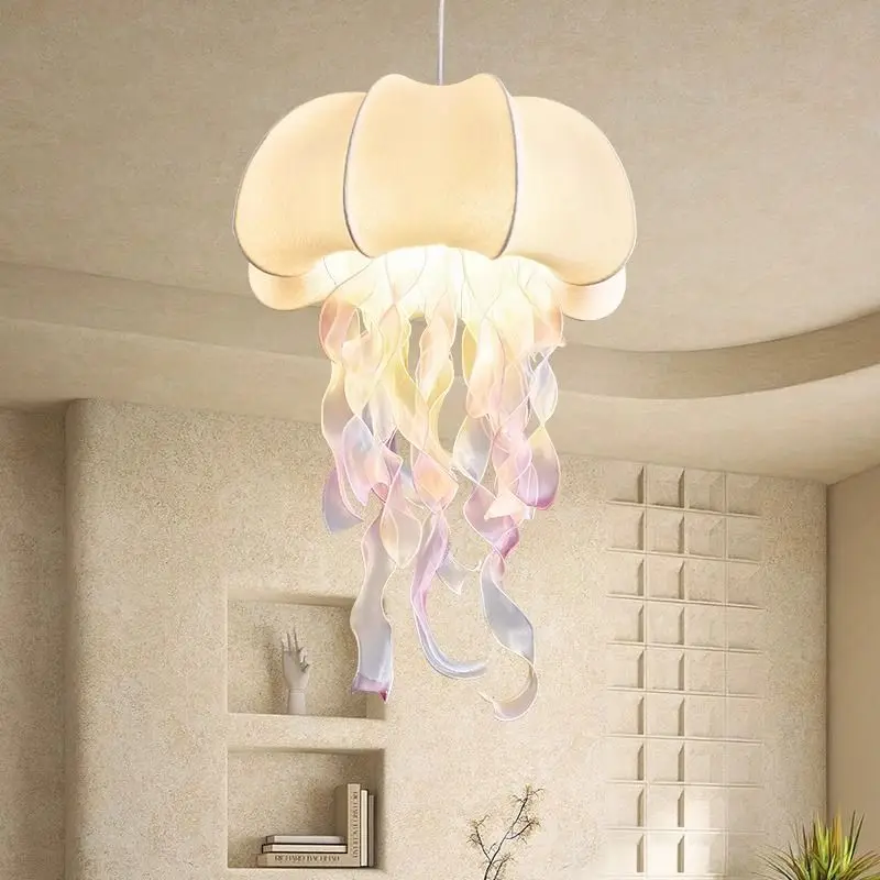 Creative and romantic jellyfish bedroom chandelier, artistic fabric caf é, bar counter, hotel restaurant decoration, silk lamp