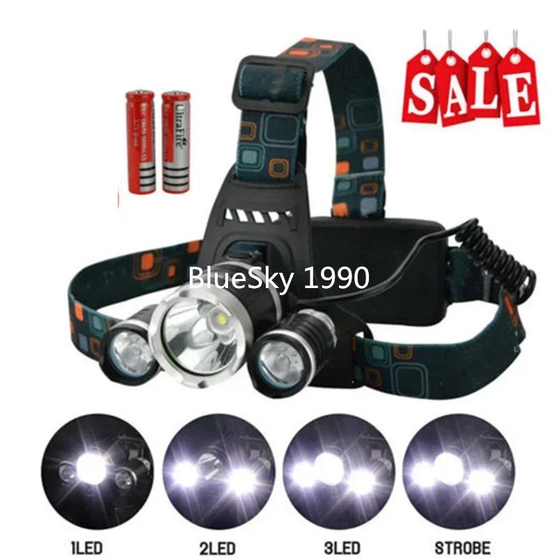 6000Lm 4-Modes Head Lamp bead T6+2R5 LED Headlamp Headlight Camping Fishing Light +2*18650 battery+Car EU/US/AU/UK charger+1*USB