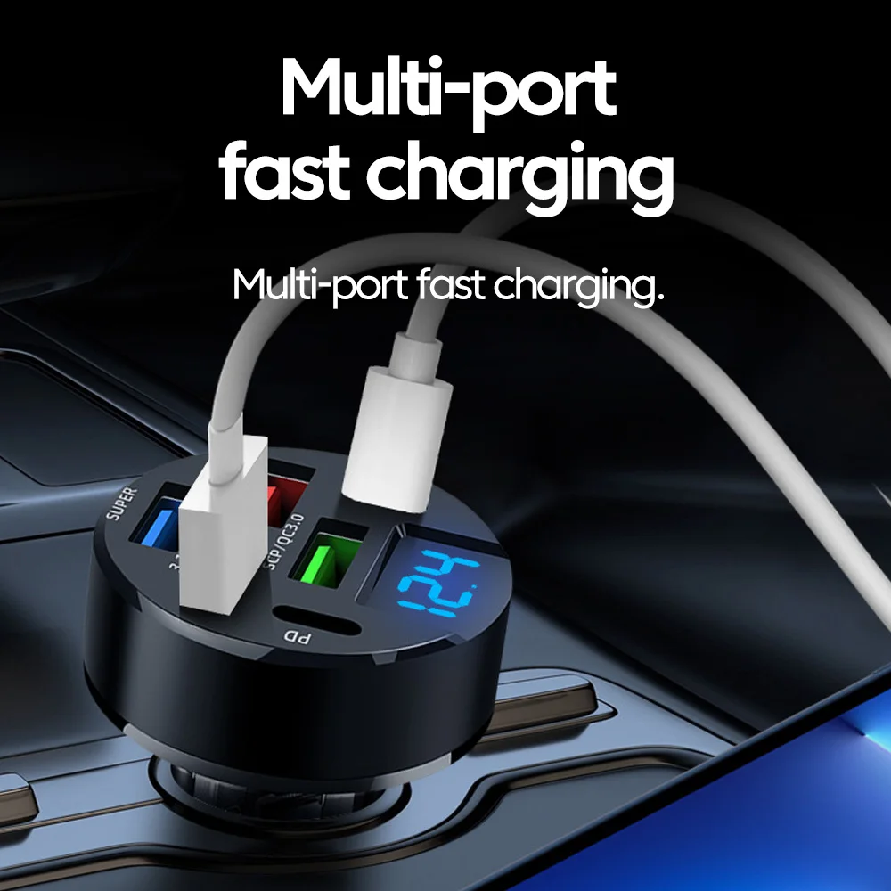6-in-1 Car Charger PD QC3.0 USB 100W 6Ports Phone Charger Fast Charging Adapter Digital Display For IPhone Auto Accessories
