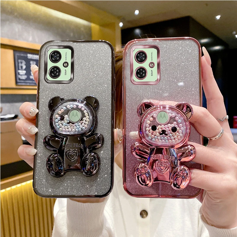 G 54 Glitter Bling Bear Silicone Phone Holder Case On For Motorola Moto G54 MotoG54 Motorola54 Girl Woman Stand Back Cover