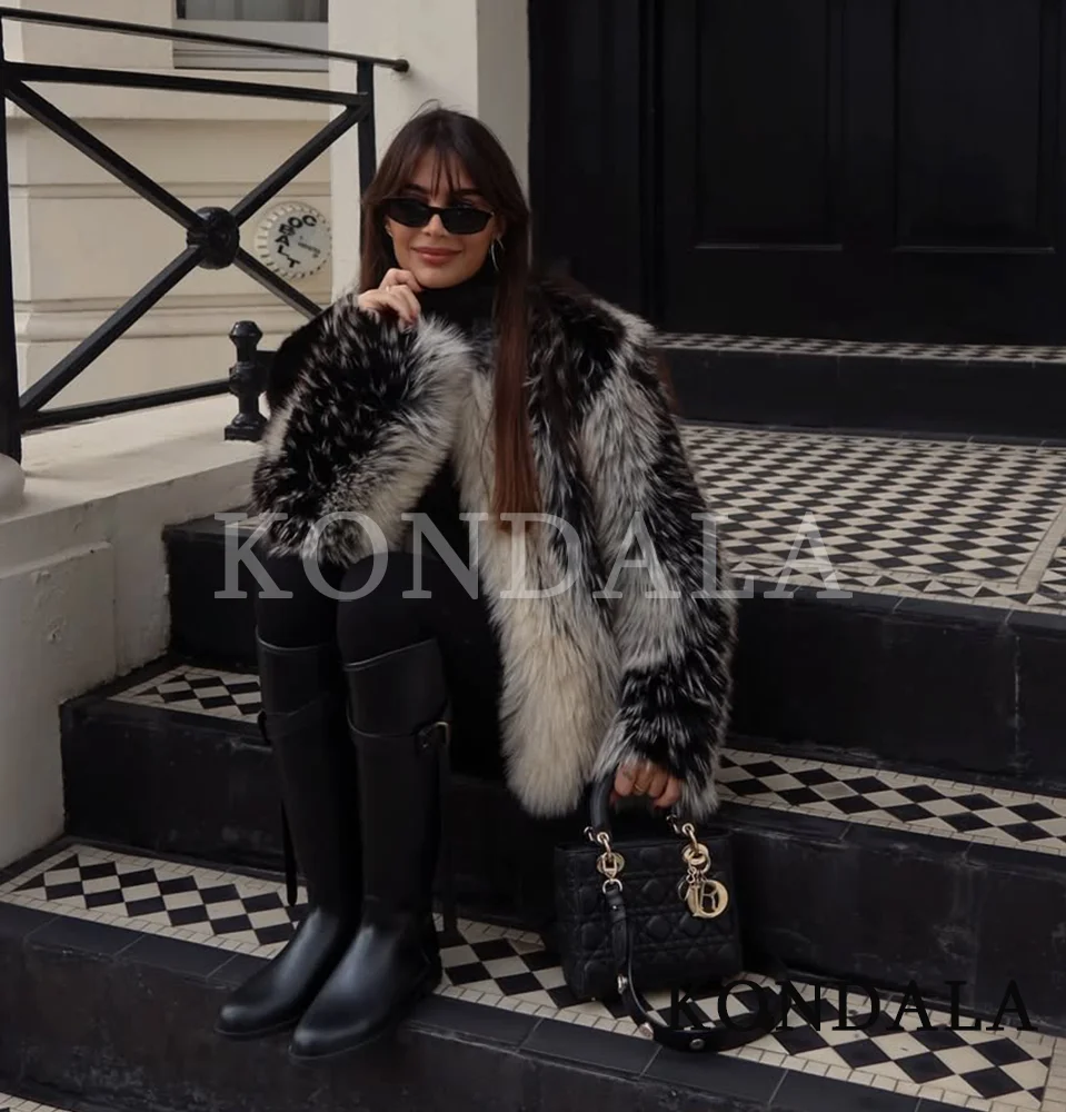 KONDALA hiver Streetwear manteau de fourrure femmes à la mode rayure col rond fausse fourrure veste manteau 2026 mode élégant Chic Vintage femme manteau