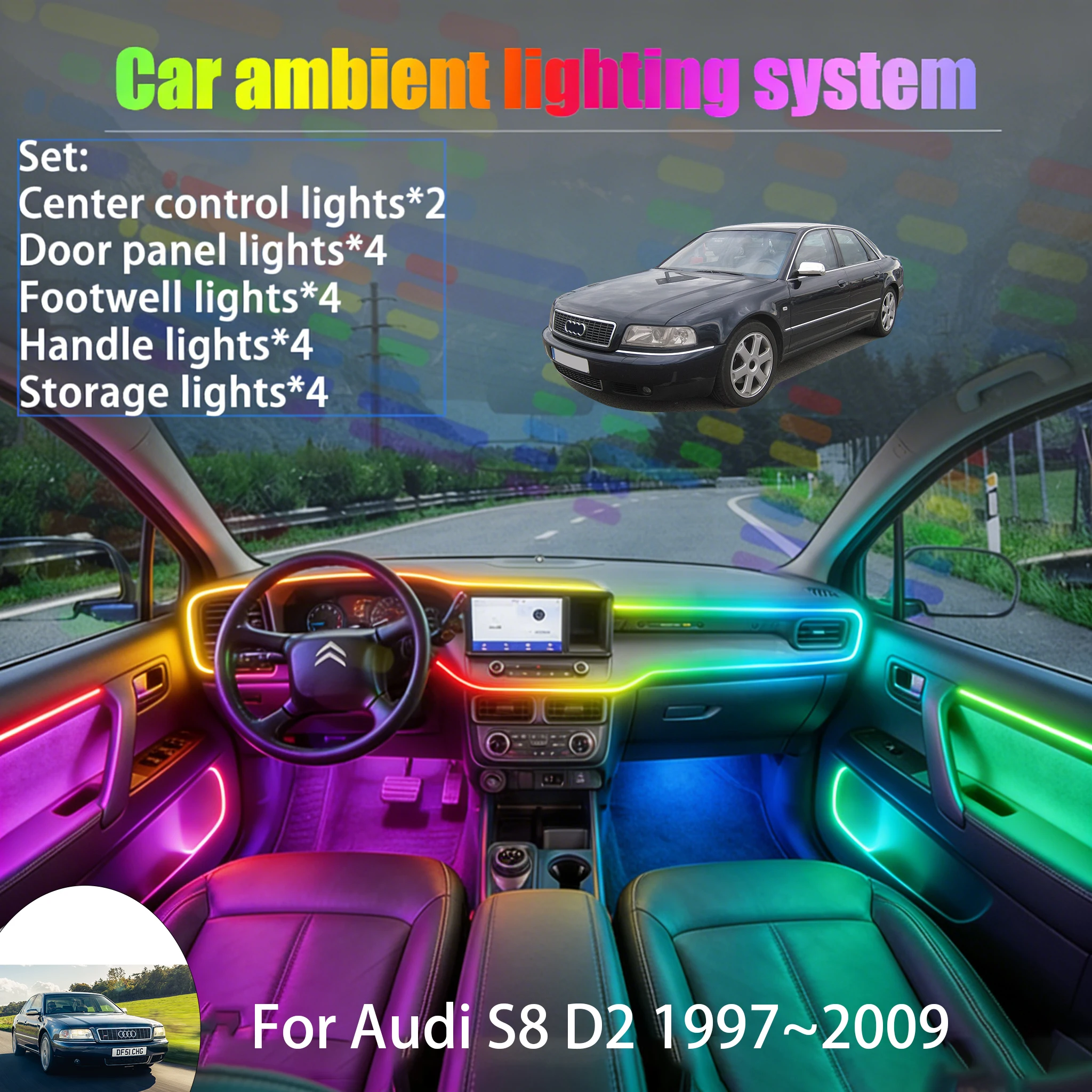 

Для Audi S8 D2 1997~2009 MK1 2/18: Комплект светодиодной подсветки салона и багажника USB RGB (18 в 1) – Автозапчасти