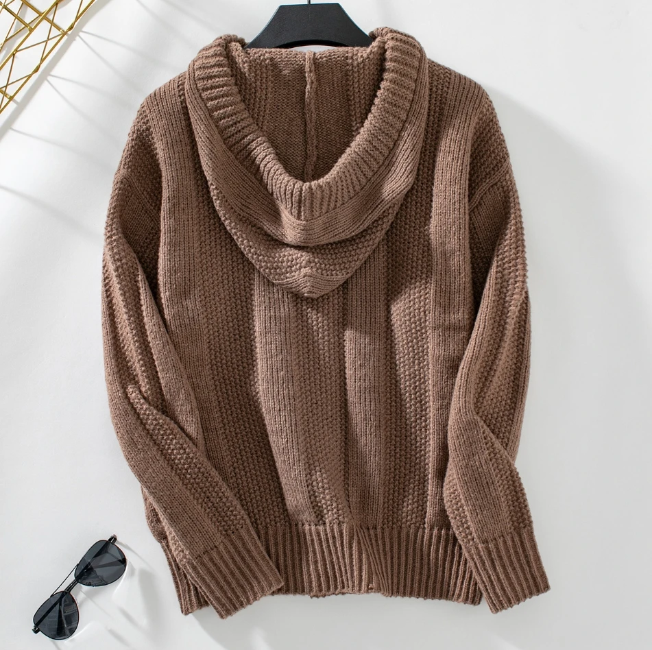 Korean Lazy Knitted Sweater 2024 Autumn Women's Solid Color Hooded Knitted Sweater Loose Casual Long Sleeved Pullover Sweater