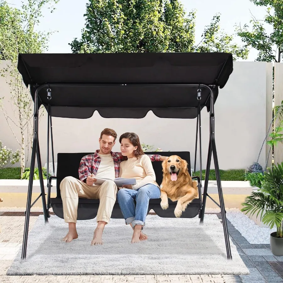 3Seat Porch Swing Chair Outdoor Patio Swing Chair with Adjustable Canopy for Adults Porch Swing with Weather Resistant Steel Fr