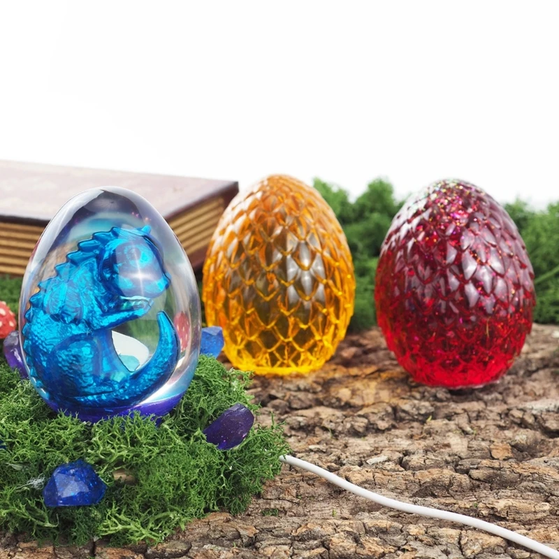 MXME Scaled Dragon Egg Resin Silicone Mold with USB Powered Wooden Lighting Base Stand with for Diy Table Crafts Party