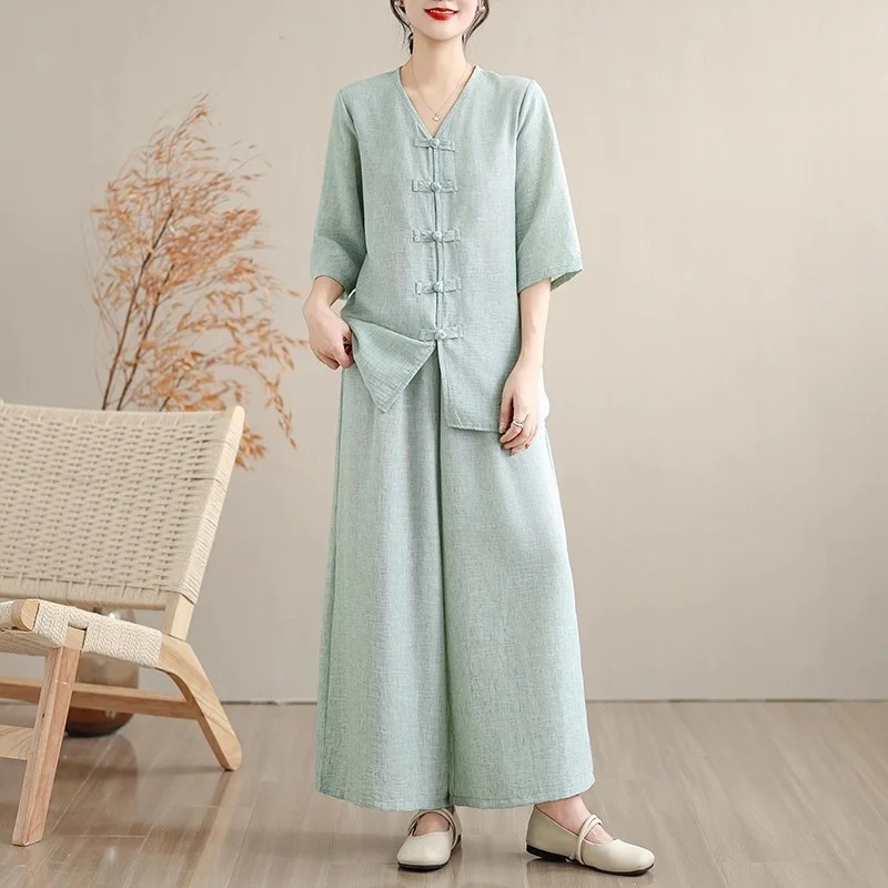 Moda algodão e cânhamo yoga conjunto de roupas 2025 outono novo chá roupas topo linho calças perna larga duas peças roupa para mulher w1214
